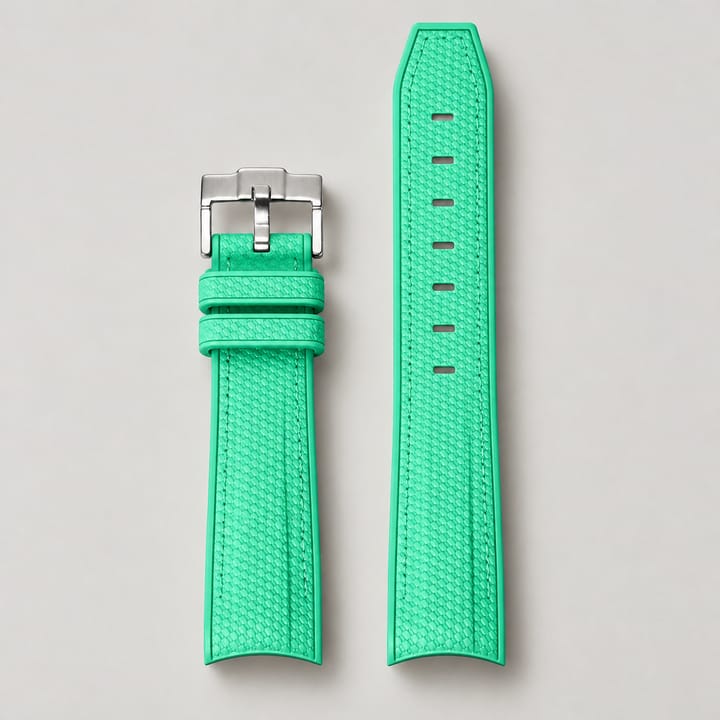 Mint Lunar rubber strap with a curved end and a silver pin buckle