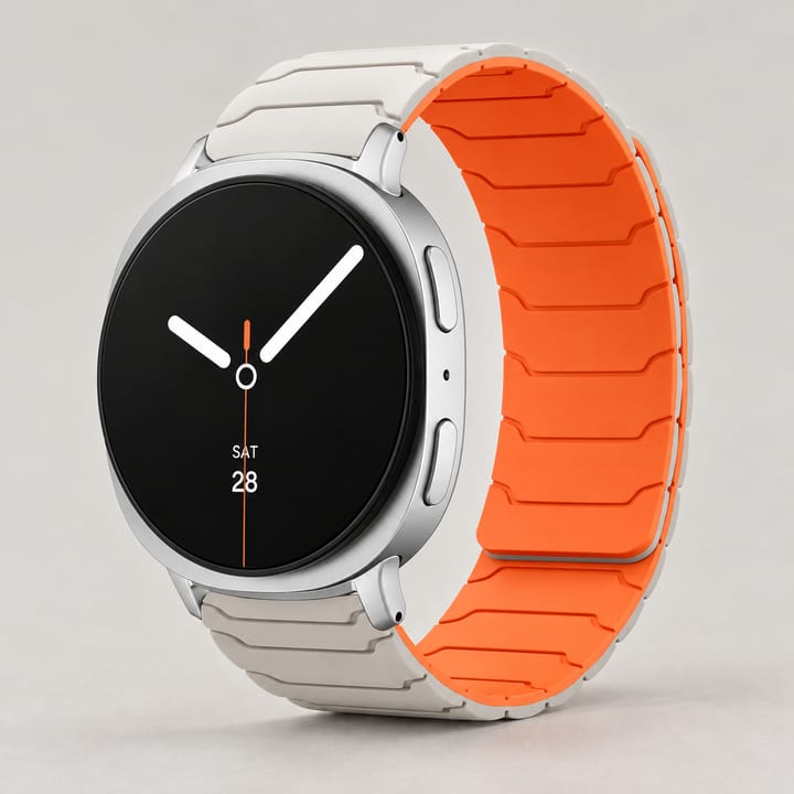 The Orbit magnetic silicone band in pale gray with an orange lining, fitted to a round smartwatch