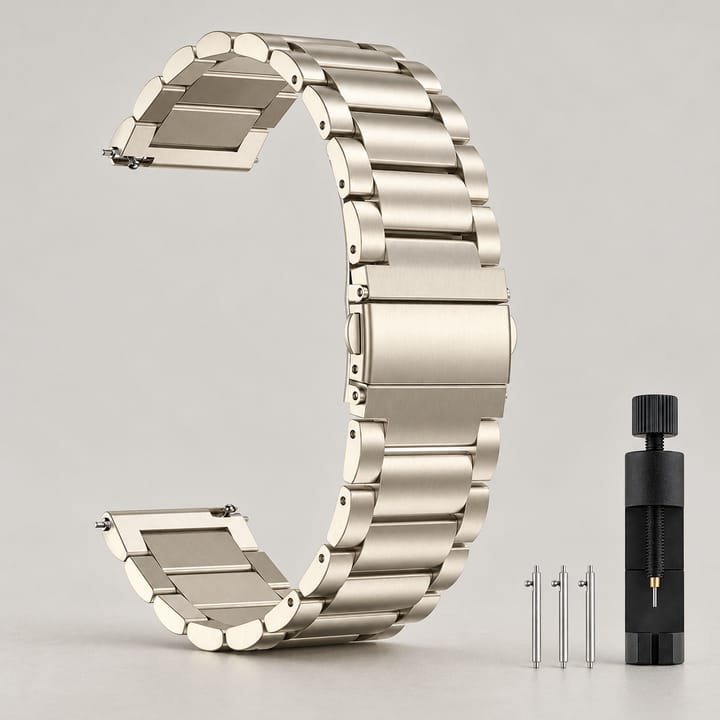 Starlight stainless steel three-link band in a pale champagne finish