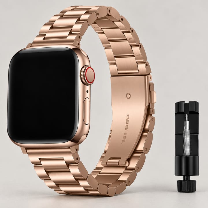 Rose Gold three-link steel band on a rose gold watch, with the link pin tool