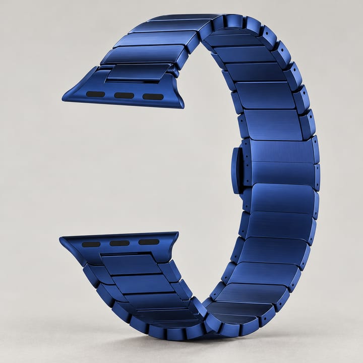 Blue flat link band on its own, with the connectors at both ends