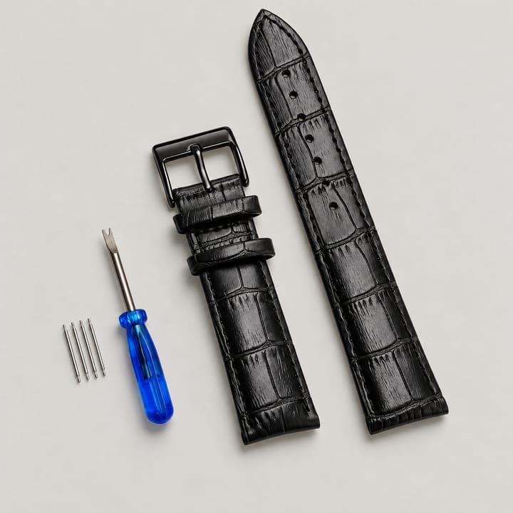 The Ledger Leather Watch Band, Black with silver buckle
