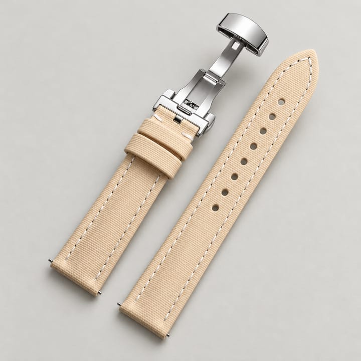 The Mooring in Beige/White: beige sailcloth watch band with white stitching and a silver-tone butterfly clasp