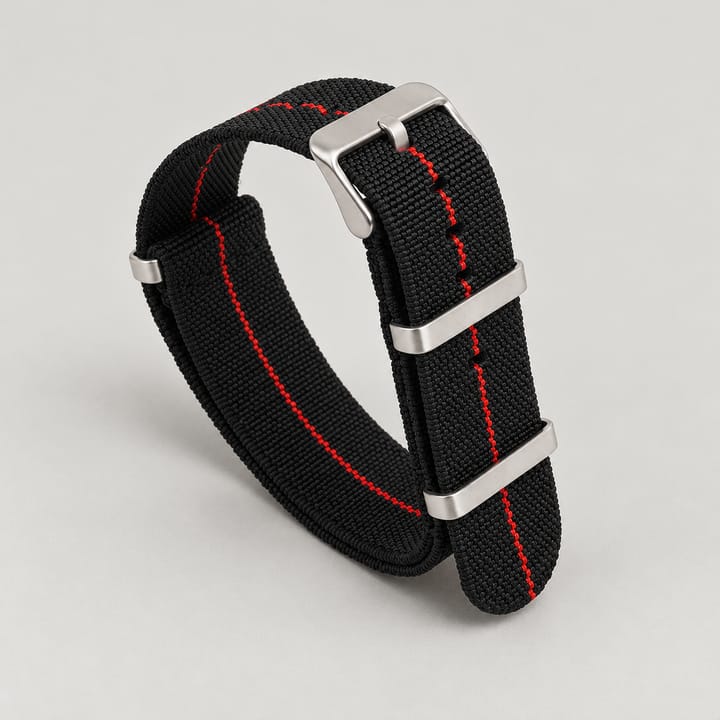 The Parachute Elastic NATO Strap, Black with red stripe and steel hardware