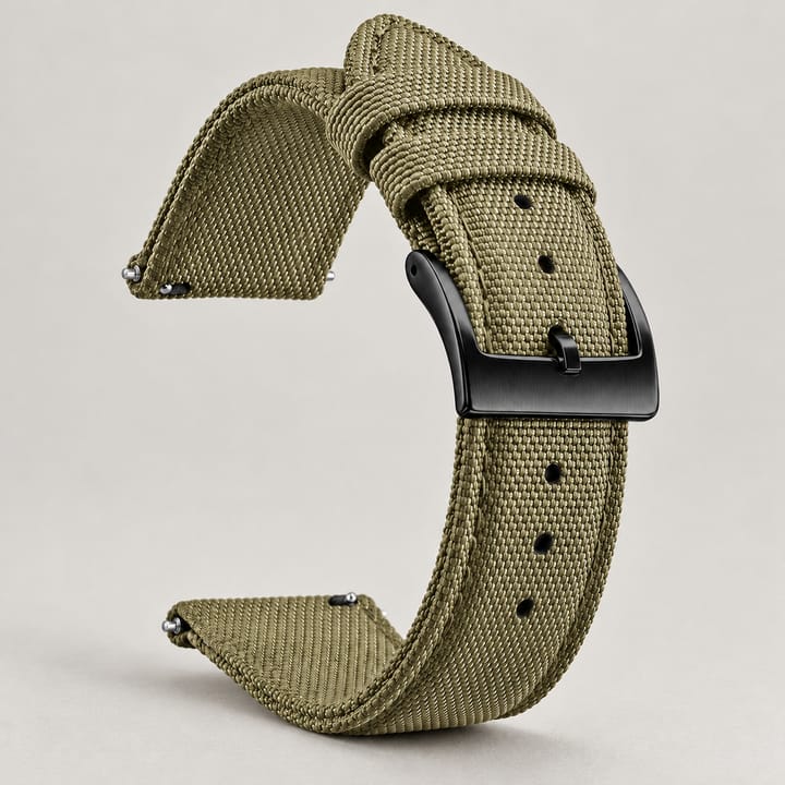 The Halyard woven nylon watch band in khaki with a black buckle and quick-release spring bars