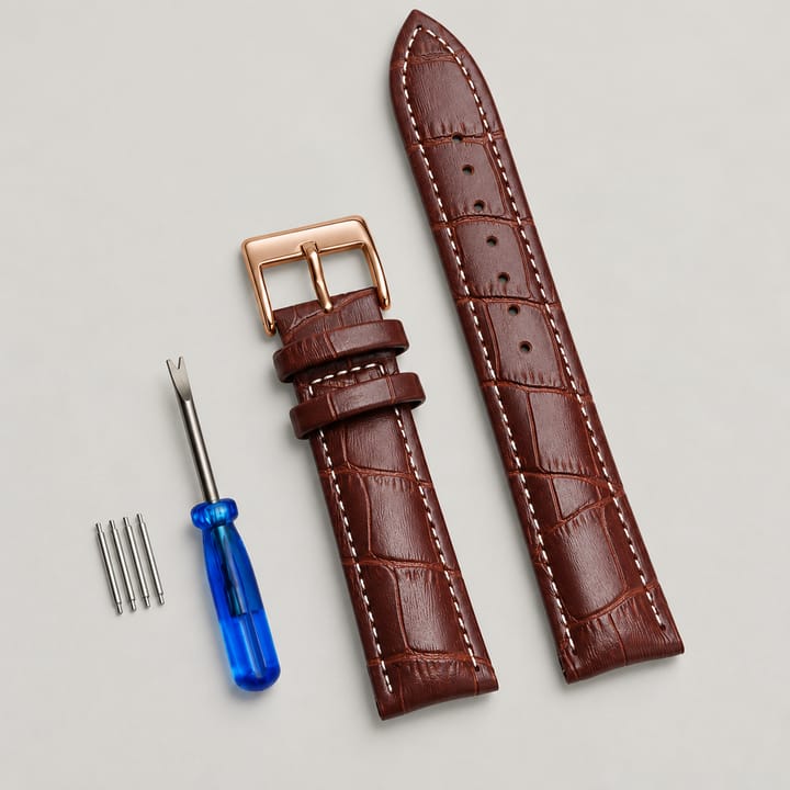 The Ledger Leather Watch Band, Dark brown with white stitching and gold buckle