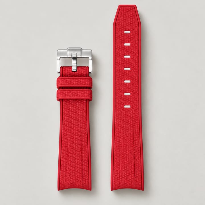 Red Lunar rubber strap with a curved end and a silver pin buckle