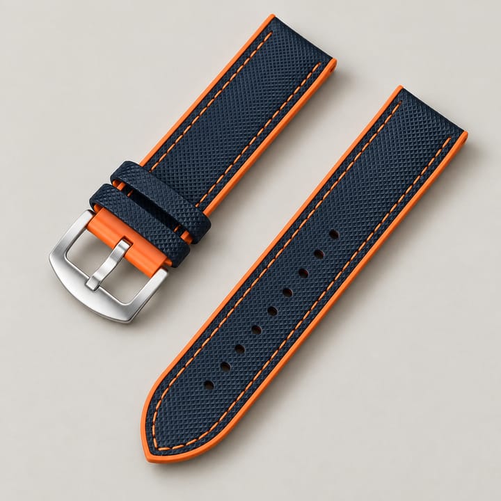The Keel in navy with orange edges and orange stitching