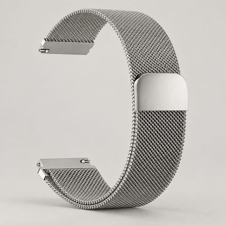 The Loop in silver, a Milanese mesh band with a magnetic end and quick-release spring bars