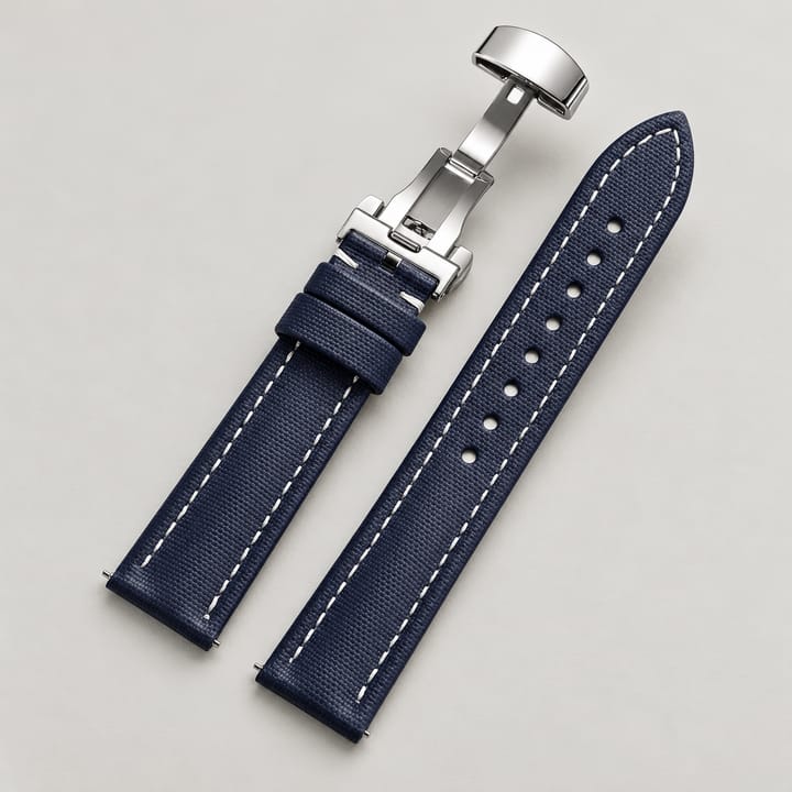 The Mooring in Navy/White: navy sailcloth watch band with white stitching and a silver-tone butterfly clasp