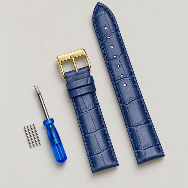 The Ledger Leather Watch Band, Blue with gold buckle