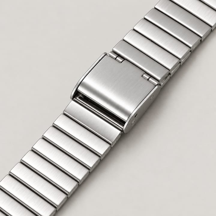 Close-up of the brushed fold-over clasp on the silver band