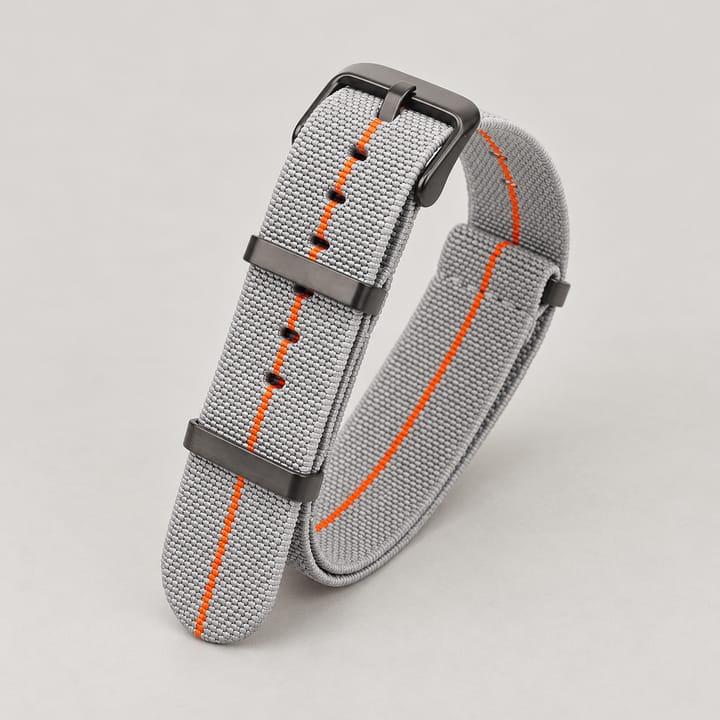 The Parachute Elastic NATO Strap, Light gray with orange stripe and black hardware