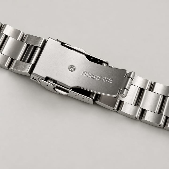 Underside of The Reef's clasp and links in brushed steel