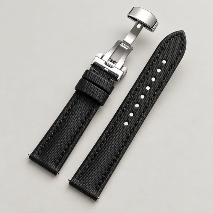The Mooring in Black: black sailcloth watch band with tonal stitching and a silver-tone butterfly clasp