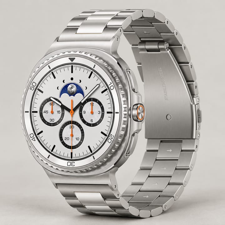 The Meridian in Silver, three rows of steel links with a folding clasp