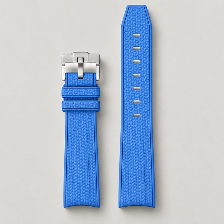 Blue Lunar rubber strap: the buckle piece and the long piece with seven holes