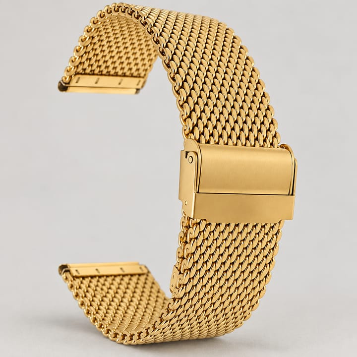 The Heavy Mesh in gold, a thick Milanese mesh band with a fold-over clasp and straight tube ends