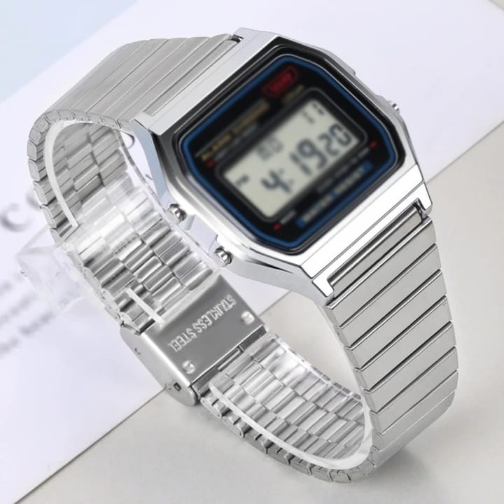 Silver band fitted to a square digital watch