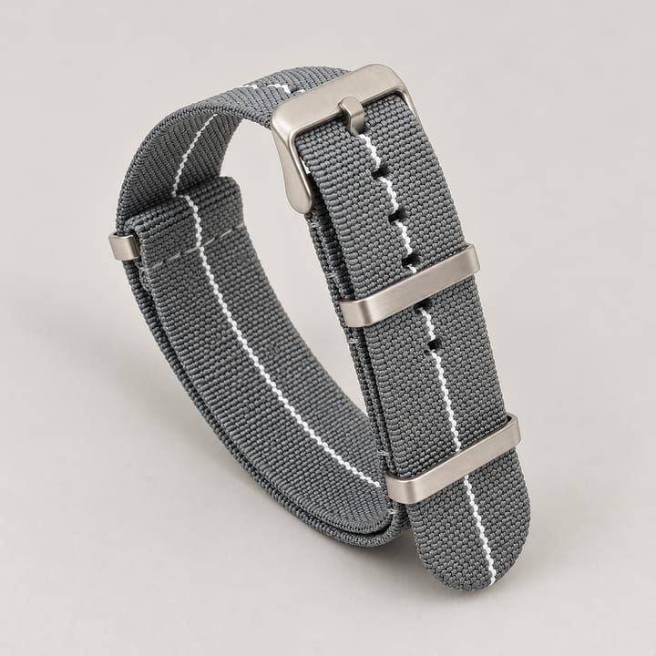 The Parachute Elastic NATO Strap, Gray with white stripe and steel hardware