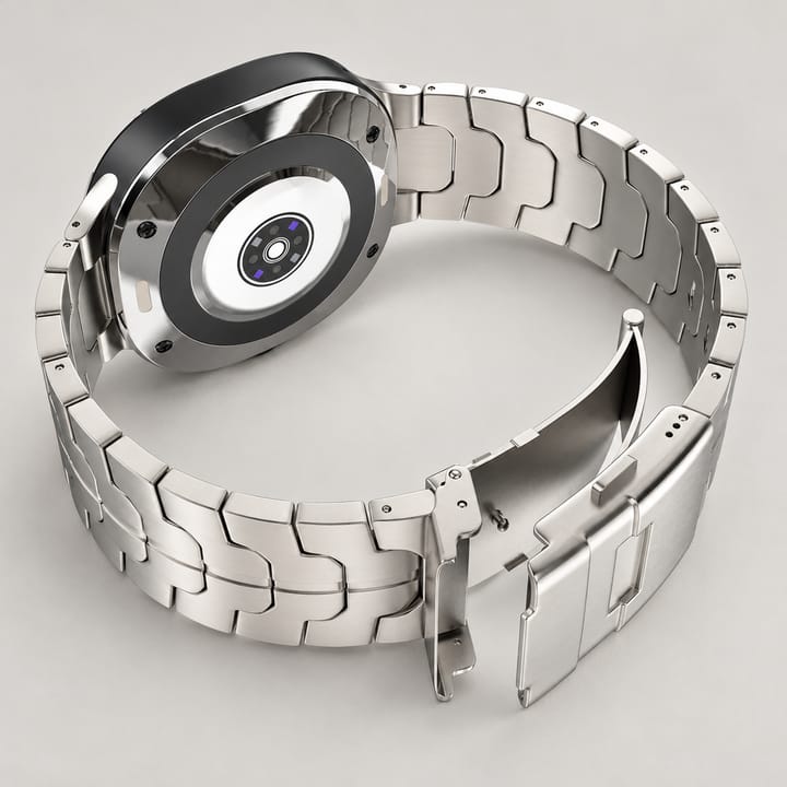 The Apex stainless steel link band in Silver with its folding clasp