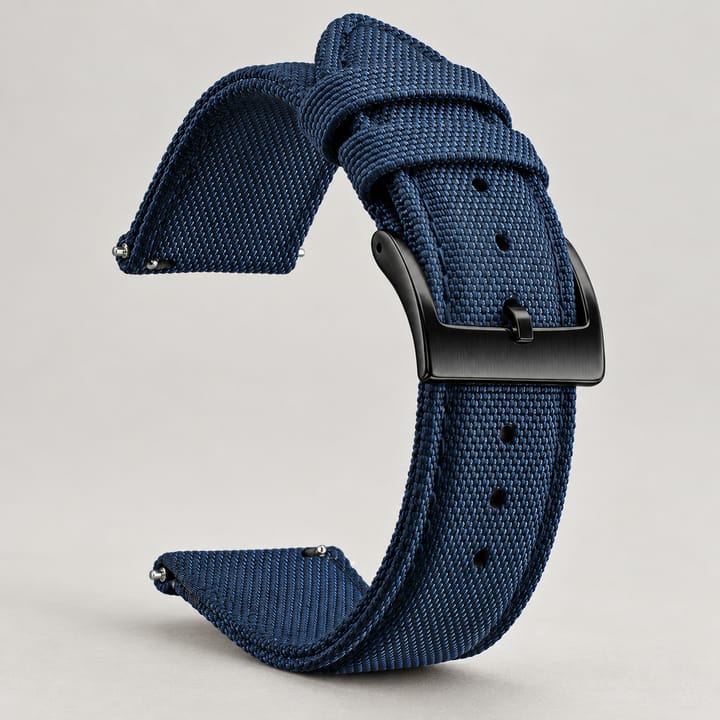 The Halyard woven nylon watch band in navy with a black buckle and quick-release spring bars