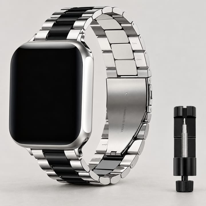 Silver/Black three-link band with black center links, shown on a watch