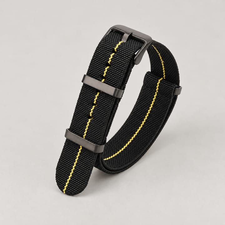 The Parachute Elastic NATO Strap, Black with yellow stripe and black hardware