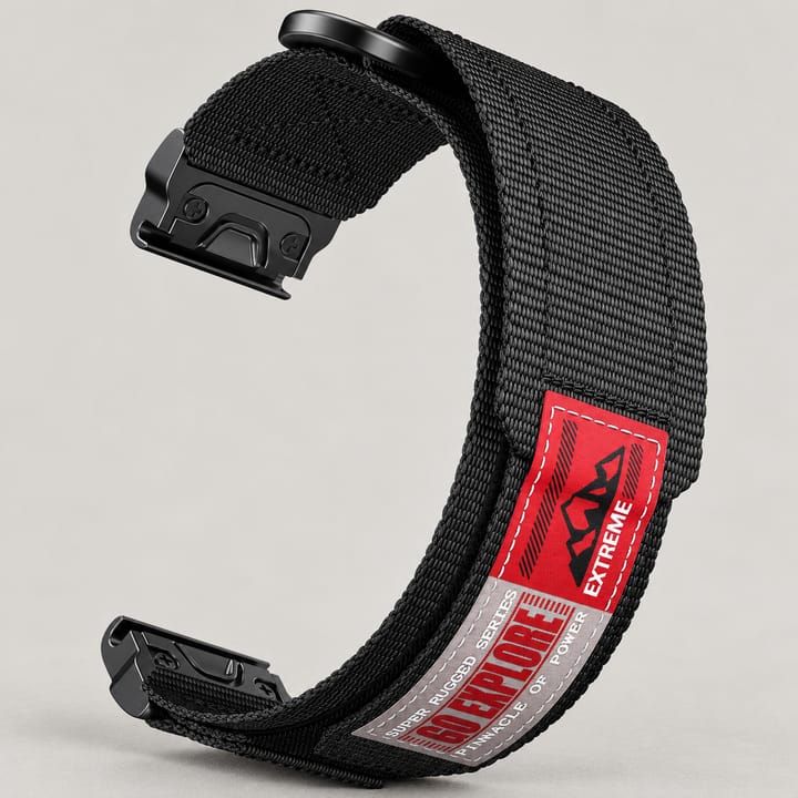 The Ranger nylon webbing band for Garmin in Black, with sewn-on patches