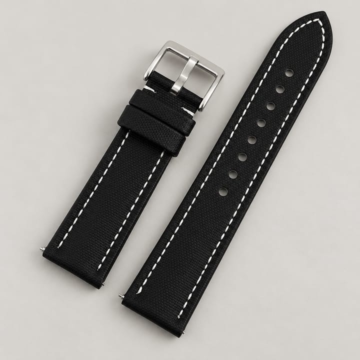 The Regatta sailcloth dive watch strap in black with white stitching and a steel pin buckle