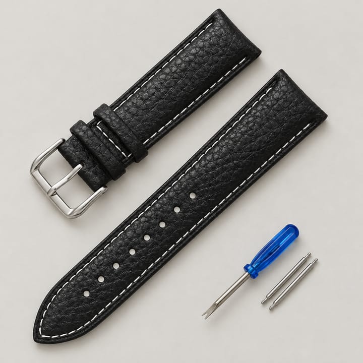 The Litchi Leather Band, Black with white stitching