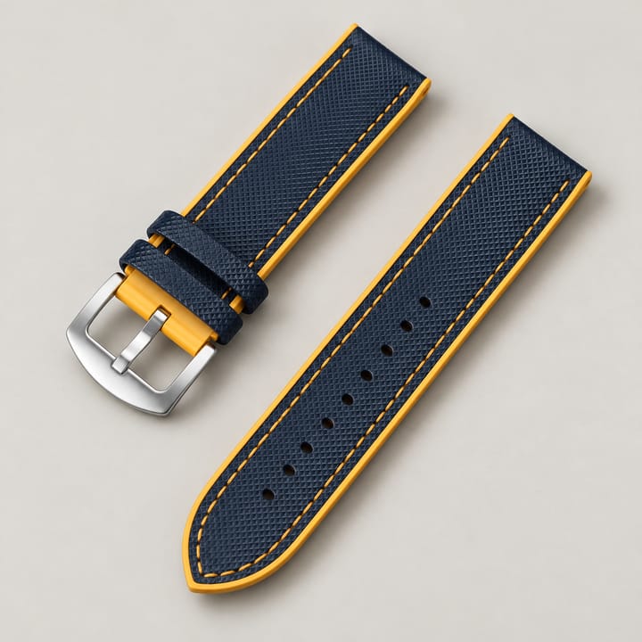 The Keel in navy with yellow edges and yellow stitching