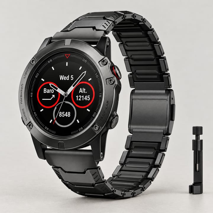 All-black titanium link band with a magnetic clasp, fitted to a black watch