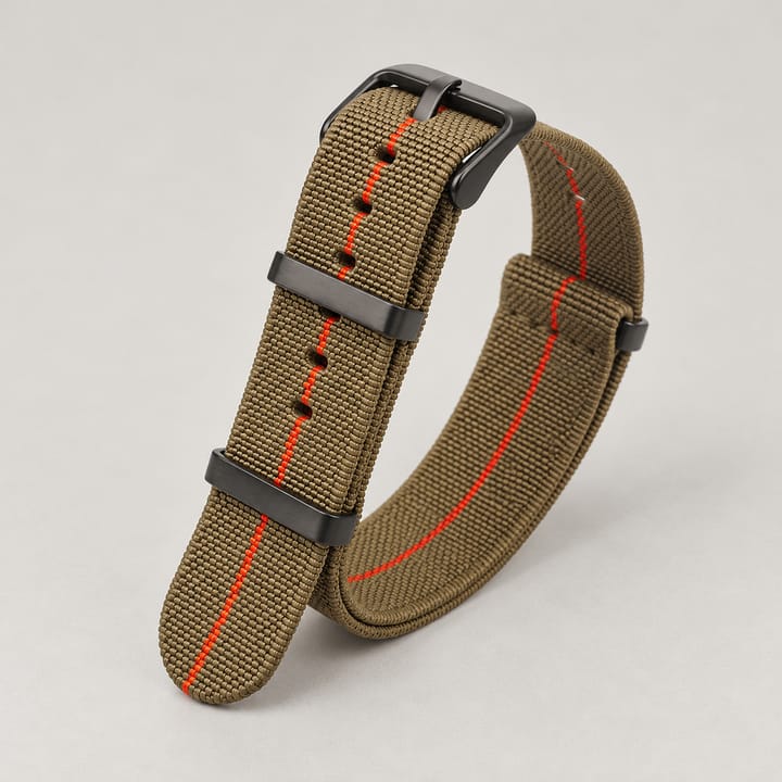 The Parachute Elastic NATO Strap, Green with red stripe and black hardware