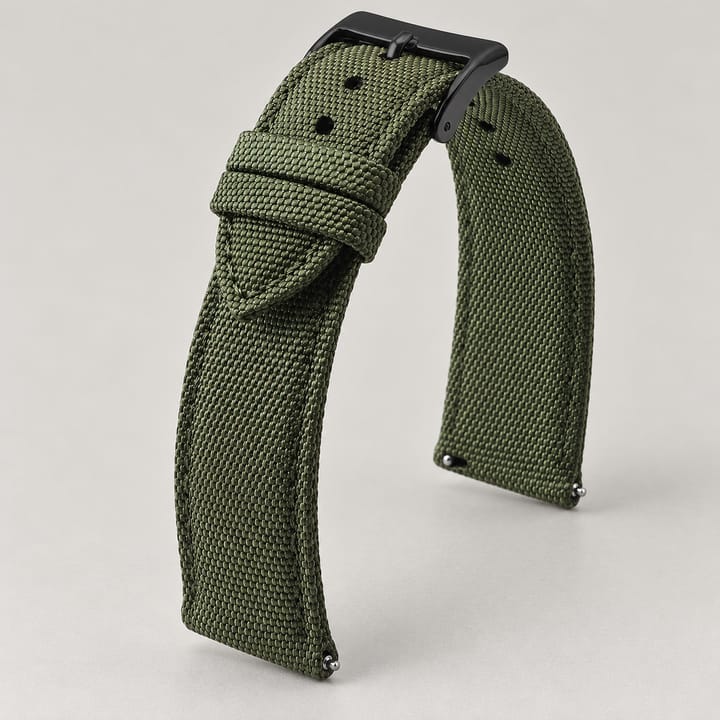 The Jib in Olive/Black: olive sailcloth watch band with a black buckle
