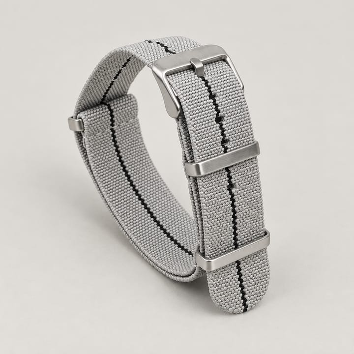 The Parachute Elastic NATO Strap, Gray and black stripe with steel hardware