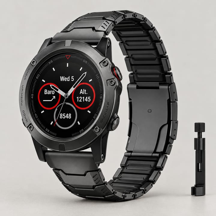 All-black titanium link band with a fold clasp, fitted to a black watch