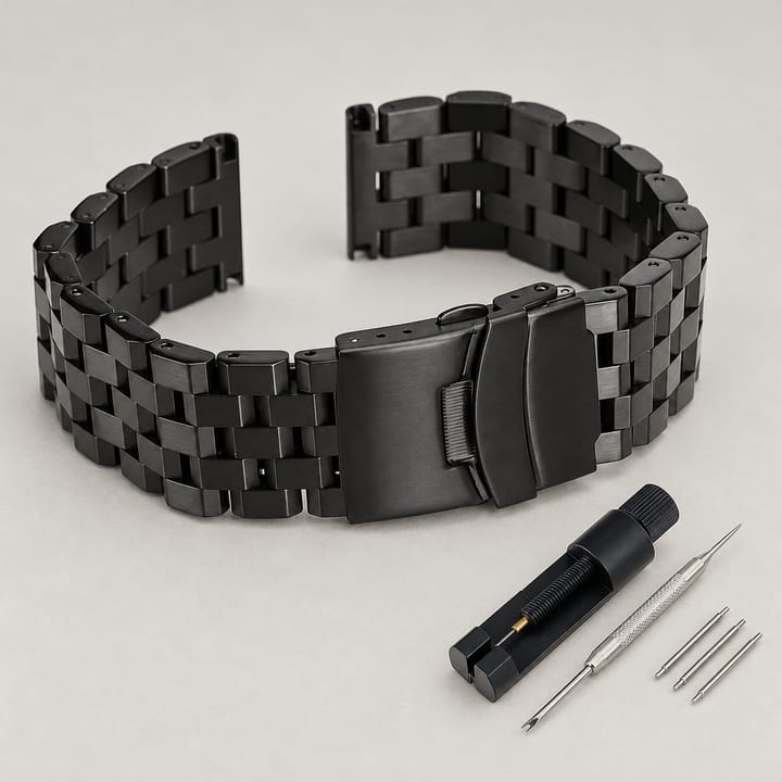 The Anvil in black with pin links, shown with its link pin tool and spring bar tool