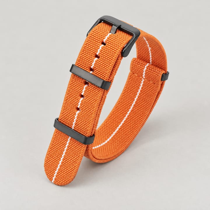 The Parachute Elastic NATO Strap, Orange with white stripe and black hardware