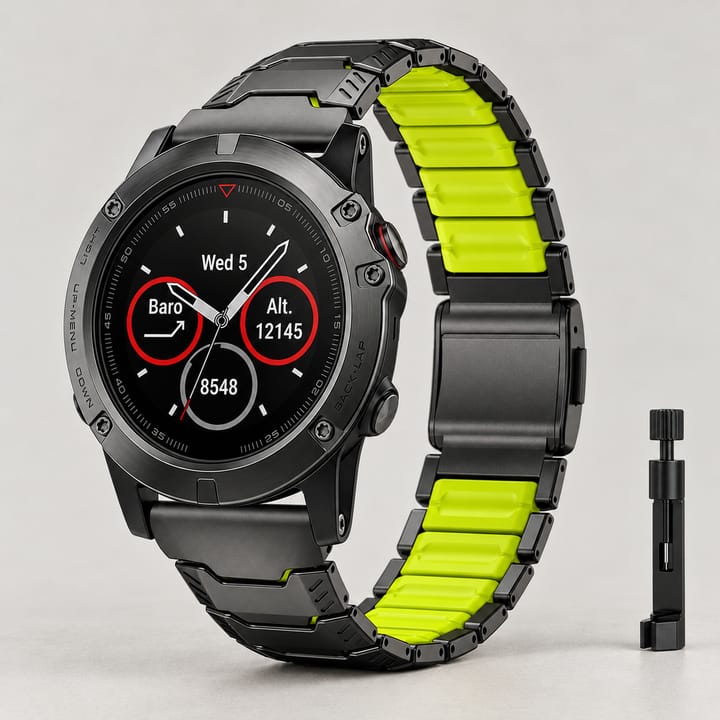 Black titanium link band with a lime center row and a magnetic clasp