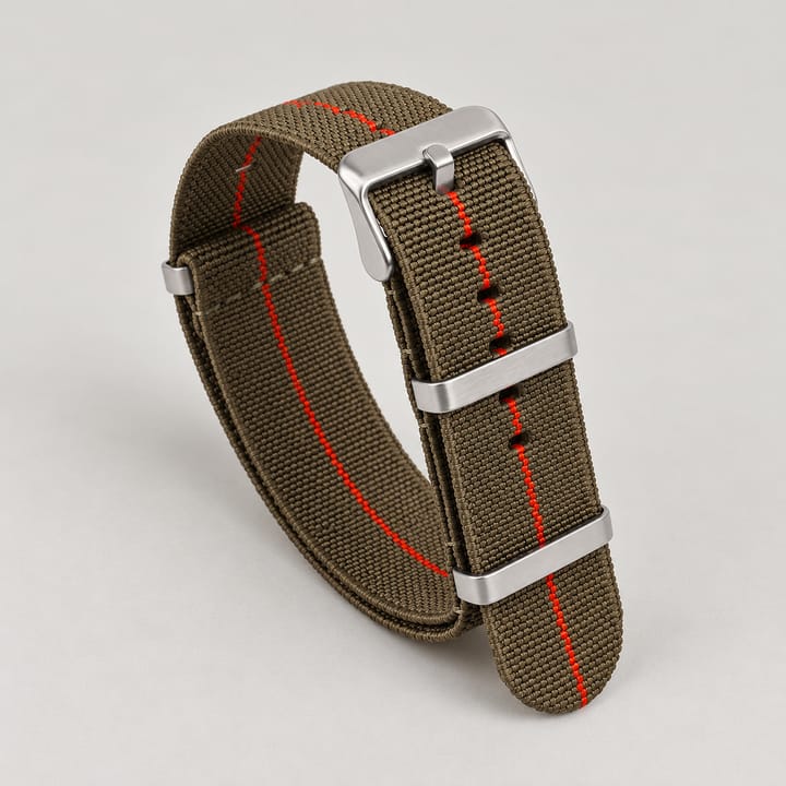 The Parachute Elastic NATO Strap, Green with red stripe and steel hardware