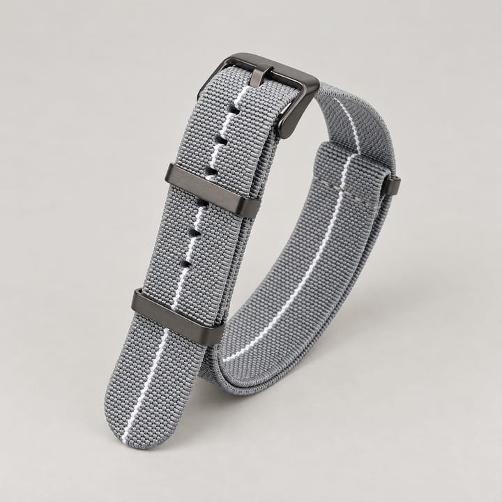The Parachute Elastic NATO Strap, Gray with white stripe and black hardware