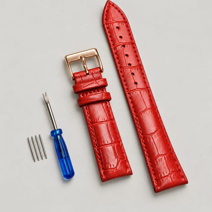 The Ledger Leather Watch Band, Red with gold buckle