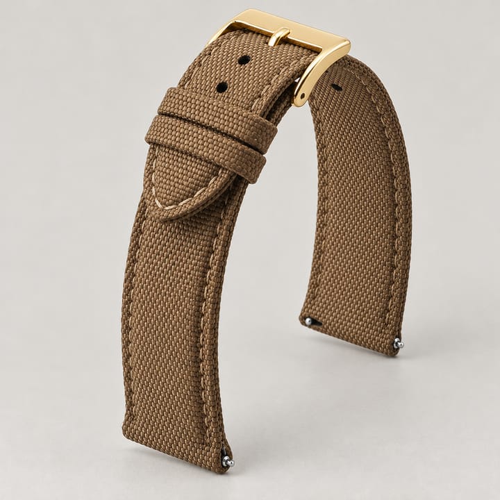 The Jib in Brown/Gold: brown sailcloth watch band with a gold-tone buckle