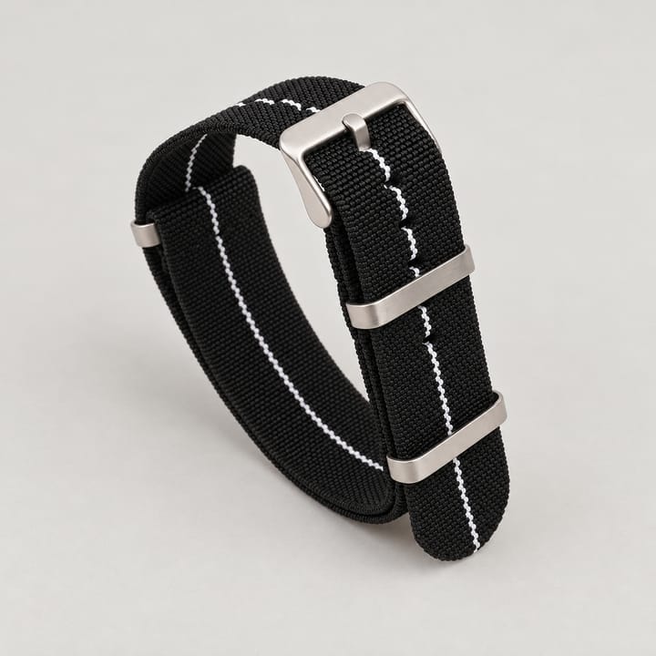 The Parachute Elastic NATO Strap, Black with white stripe and steel hardware