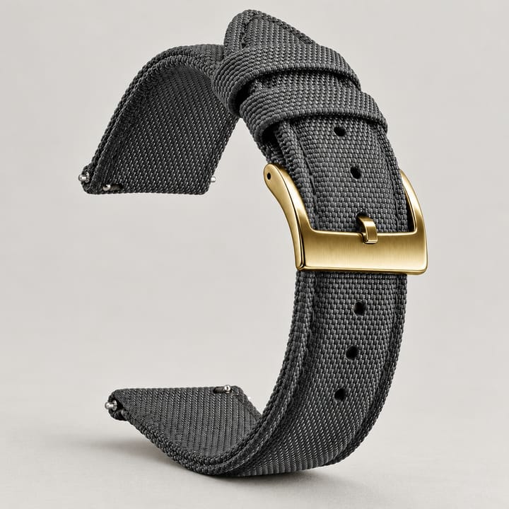 The Halyard woven nylon watch band in charcoal gray with a gold-tone buckle and quick-release spring bars