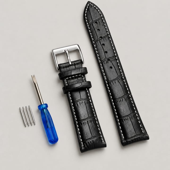 The Ledger Leather Watch Band, Black with white stitching