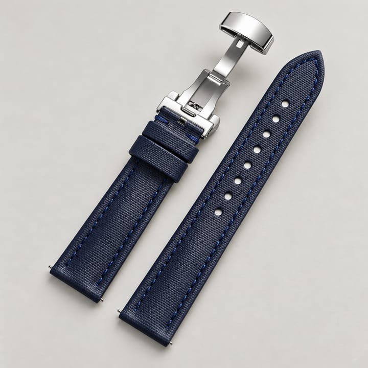 The Mooring in Navy: navy sailcloth watch band with tonal stitching and a silver-tone butterfly clasp