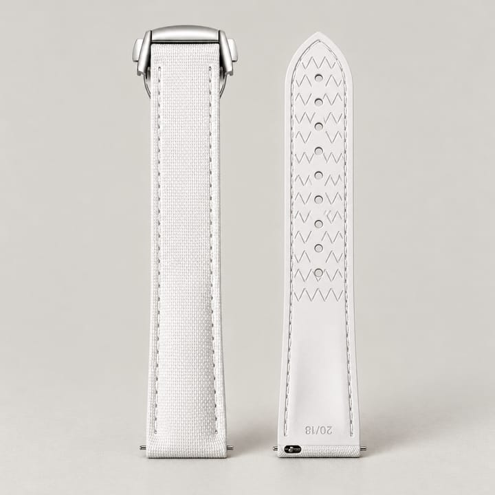 White Fathom FKM strap with the silver folding clasp, the long piece showing its zigzag underside
