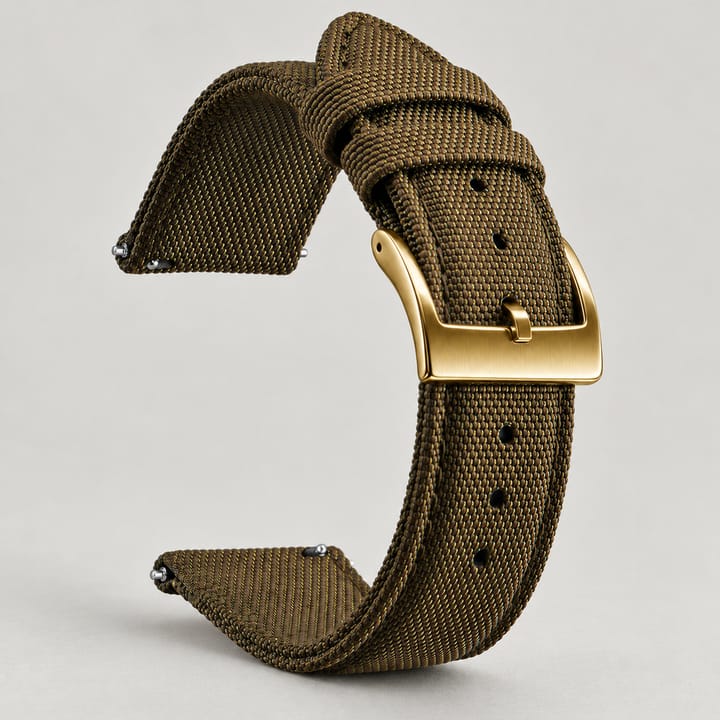 The Halyard woven nylon watch band in dark brown with a gold-tone buckle and quick-release spring bars